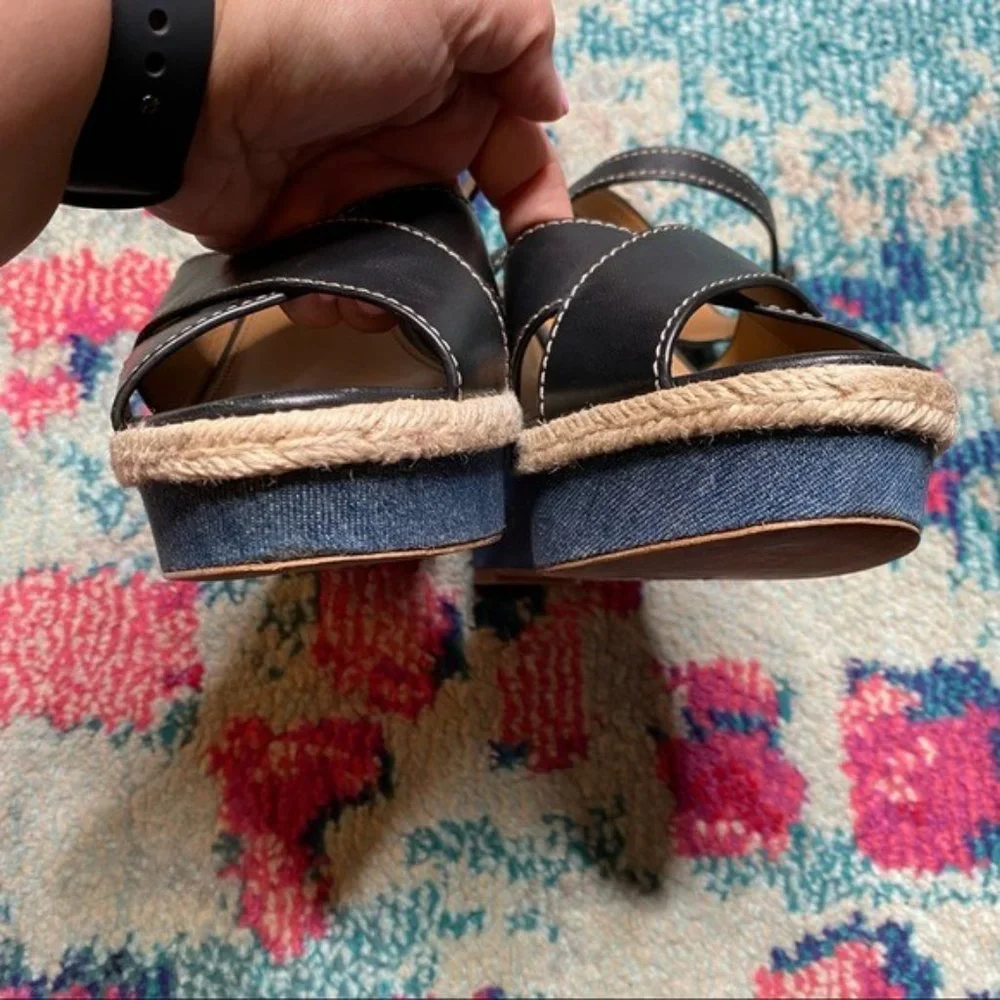 Coach Eaton Black Leather Denim Wedge Sandals Size 8.5 - Picture 4 of 13
